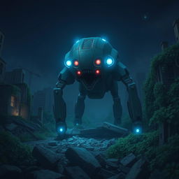 A terrifying medium-sized four-legged robot creature with realistic proportions, featuring glowing red eyes and striking blue luminescent lights