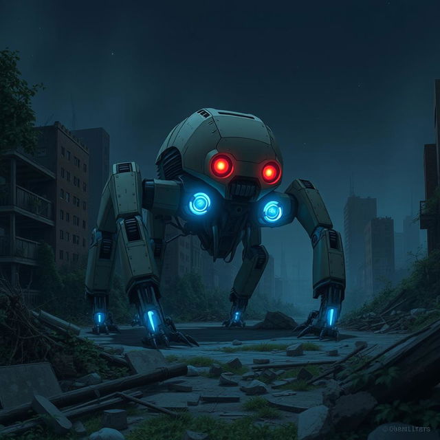 A terrifying medium-sized four-legged robot creature with realistic proportions, featuring glowing red eyes and striking blue luminescent lights