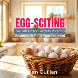 A vibrant and sunny kitchen filled with natural light, featuring a rustic wooden basket overflowing with fresh eggs