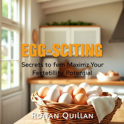 A vibrant and sunny kitchen filled with natural light, featuring a rustic wooden basket overflowing with fresh eggs