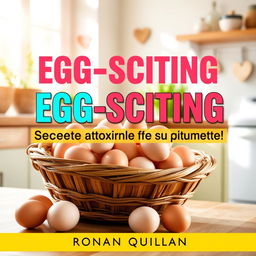 A vibrant and sunny kitchen filled with natural light, featuring a rustic wooden basket overflowing with fresh eggs