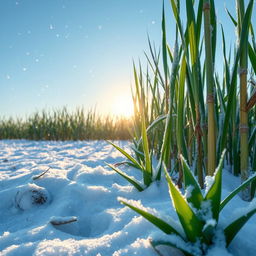 A vibrant and serene winter landscape featuring sugar cane fields