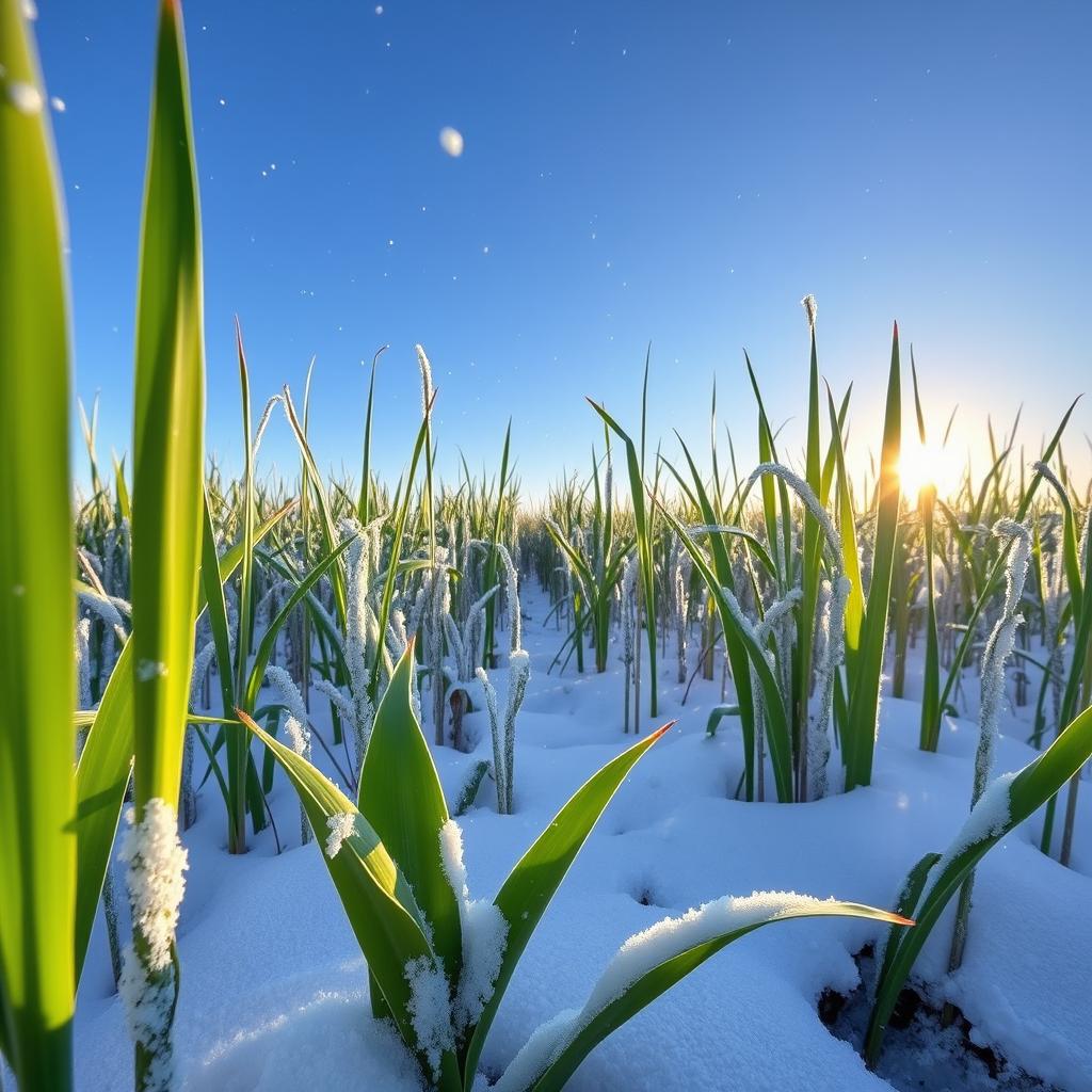 A vibrant and serene winter landscape featuring sugar cane fields