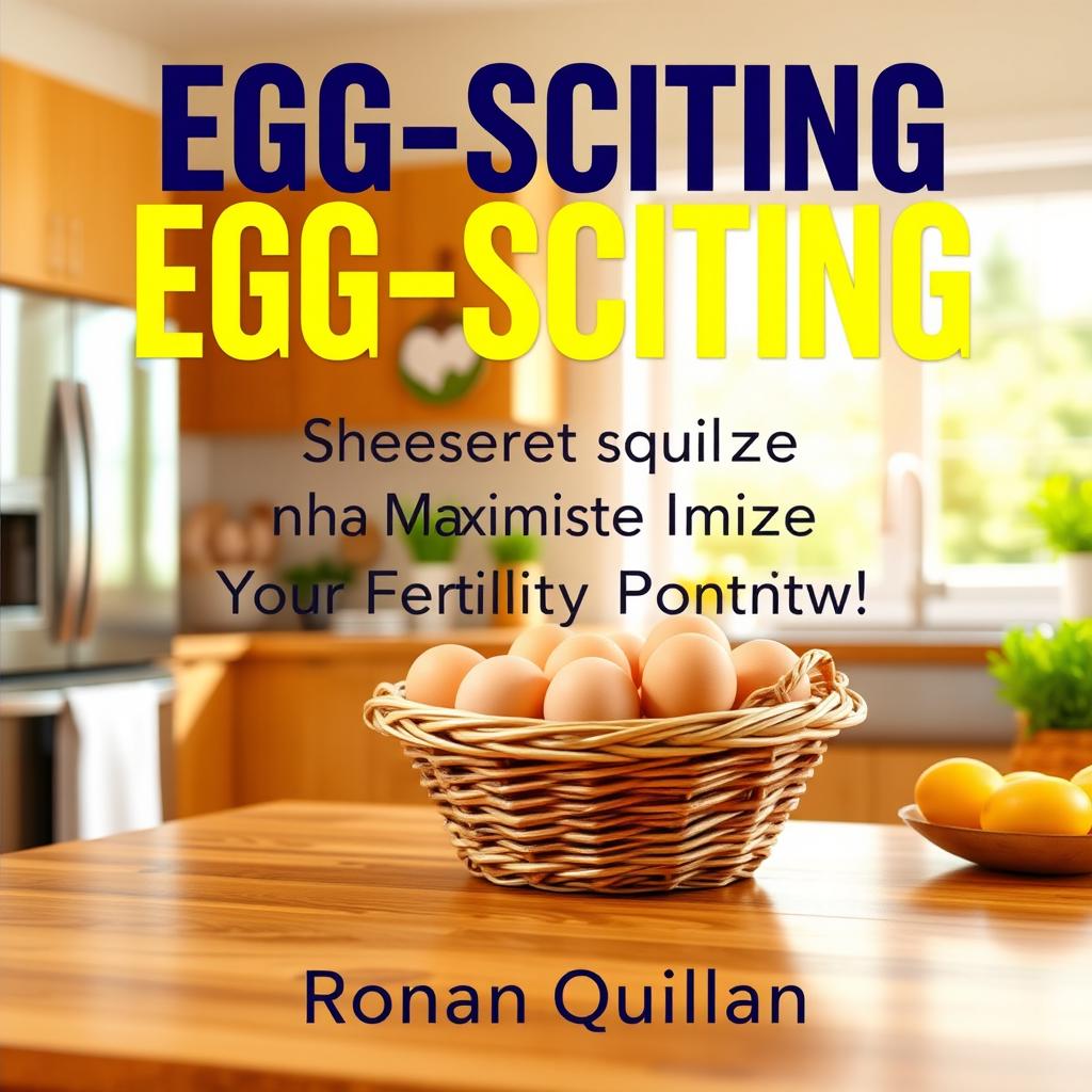 A flat cover design featuring a realistic image of a sunny and vibrant kitchen, filled with natural light, showcasing a basket of eggs prominently on a wooden kitchen table