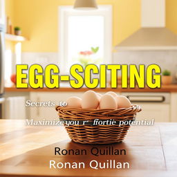 A flat cover design featuring a realistic image of a sunny and vibrant kitchen, filled with natural light, showcasing a basket of eggs prominently on a wooden kitchen table