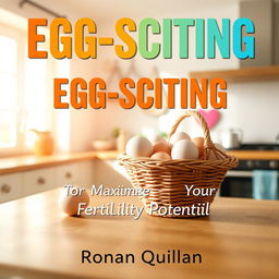 A flat cover design featuring a realistic image of a sunny and vibrant kitchen, filled with natural light, showcasing a basket of eggs prominently on a wooden kitchen table