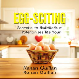 A flat cover design featuring a realistic image of a sunny and vibrant kitchen, filled with natural light, showcasing a basket of eggs prominently on a wooden kitchen table
