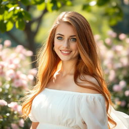 A captivating portrait of a young woman with long, flowing auburn hair cascading down her shoulders, her striking emerald green eyes glowing with warmth