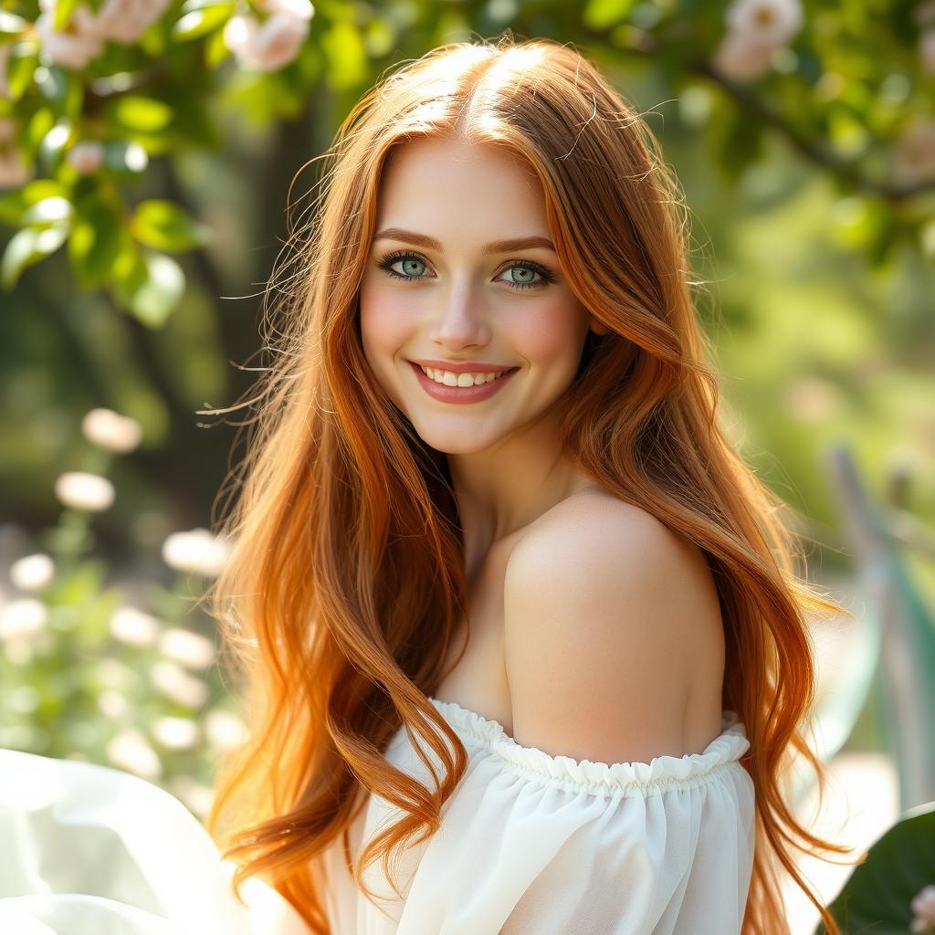 A captivating portrait of a young woman with long, flowing auburn hair cascading down her shoulders, her striking emerald green eyes glowing with warmth