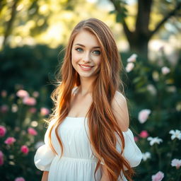 A captivating portrait of a young woman with long, flowing auburn hair cascading down her shoulders, her striking emerald green eyes glowing with warmth