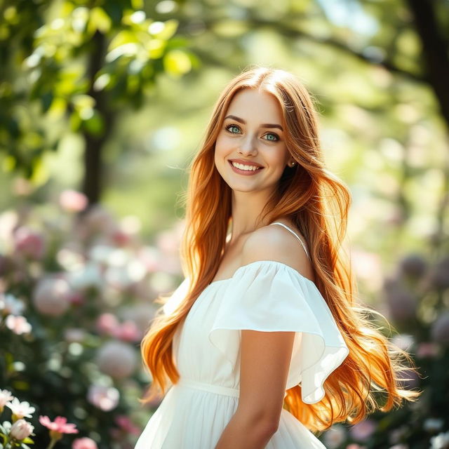 A captivating portrait of a young woman with long, flowing auburn hair cascading down her shoulders, her striking emerald green eyes glowing with warmth