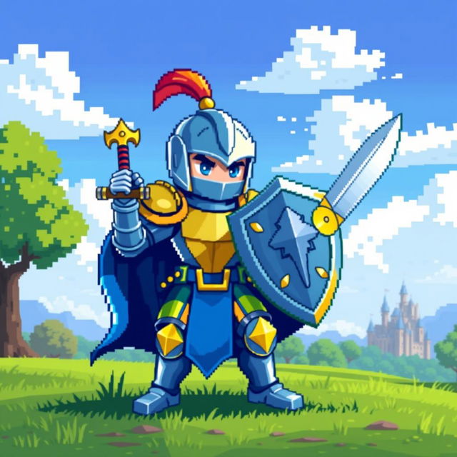 A vibrant pixel art character design featuring a heroic knight in shiny armor, holding a sword and shield