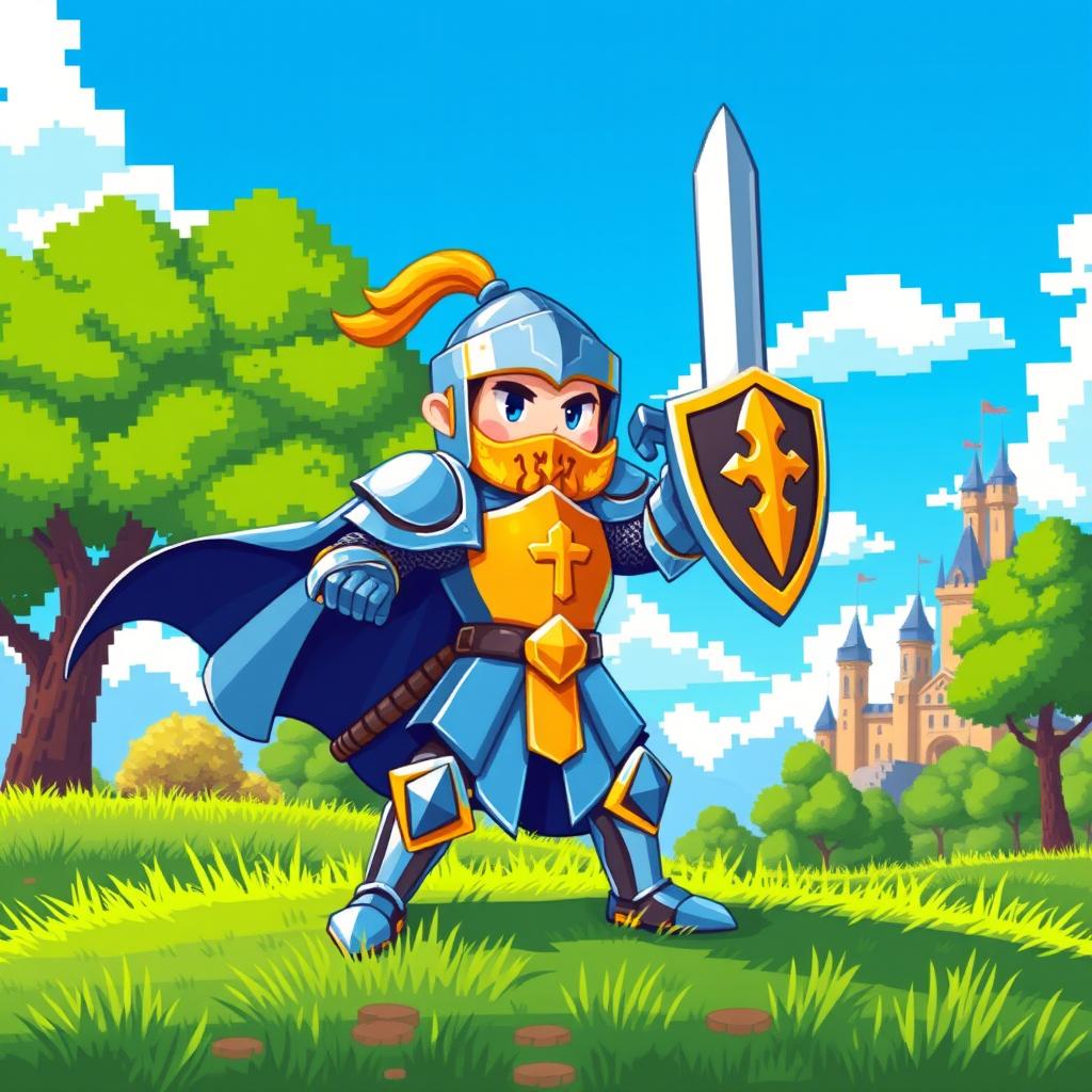 A vibrant pixel art character design featuring a heroic knight in shiny armor, holding a sword and shield