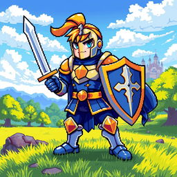 A vibrant pixel art character design featuring a heroic knight in shiny armor, holding a sword and shield