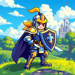 A vibrant pixel art character design featuring a heroic knight in shiny armor, holding a sword and shield