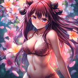 A detailed and visually captivating scene from a hentai anime, featuring an attractive female character with long flowing hair and expressive eyes