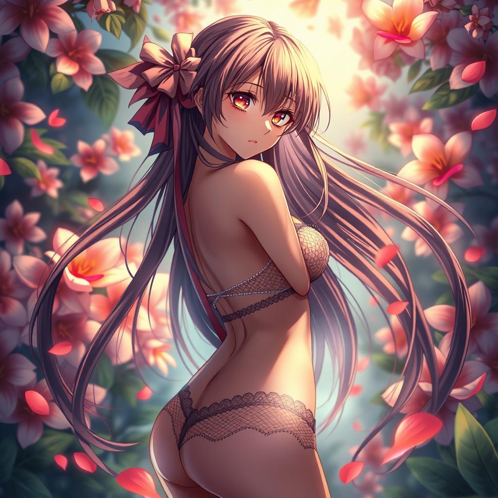 A detailed and visually captivating scene from a hentai anime, featuring an attractive female character with long flowing hair and expressive eyes