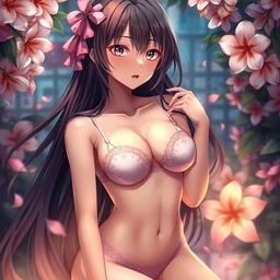 A detailed and visually captivating scene from a hentai anime, featuring an attractive female character with long flowing hair and expressive eyes