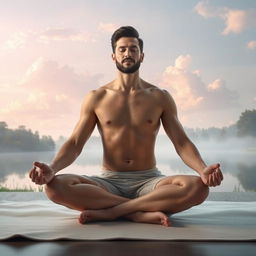 A serene scene featuring a man in a yoga meditation posture, sitting cross-legged on a soft mat