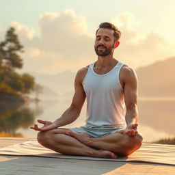 A serene scene featuring a man in a yoga meditation posture, sitting cross-legged on a soft mat