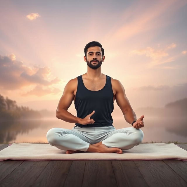 A serene scene featuring a man in a yoga meditation posture, sitting cross-legged on a soft mat