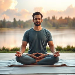 A serene scene featuring a man in a yoga meditation posture, sitting cross-legged on a soft mat