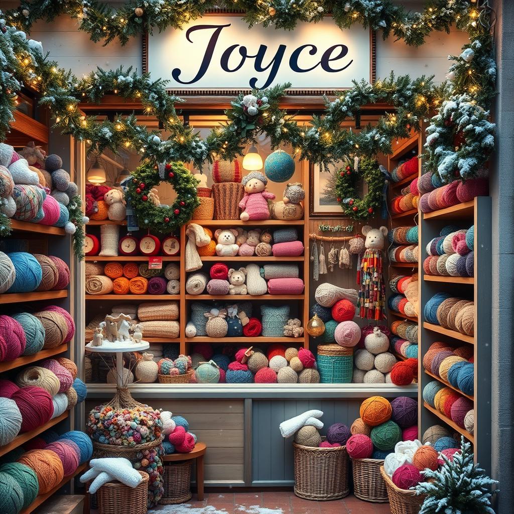 A cozy yarn shop named 'Joyce', filled with vibrant, colorful yarns in a variety of textures and weights