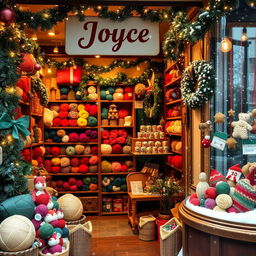 A cozy yarn shop named 'Joyce', filled with vibrant, colorful yarns in a variety of textures and weights