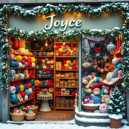 A cozy yarn shop named 'Joyce', filled with vibrant, colorful yarns in a variety of textures and weights