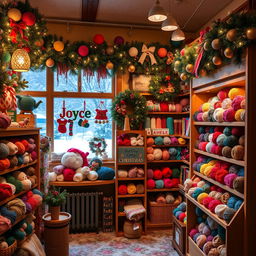 A cozy yarn shop named 'Joyce', filled with vibrant, colorful yarns in a variety of textures and weights