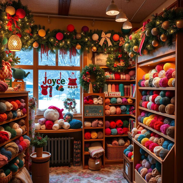 A cozy yarn shop named 'Joyce', filled with vibrant, colorful yarns in a variety of textures and weights