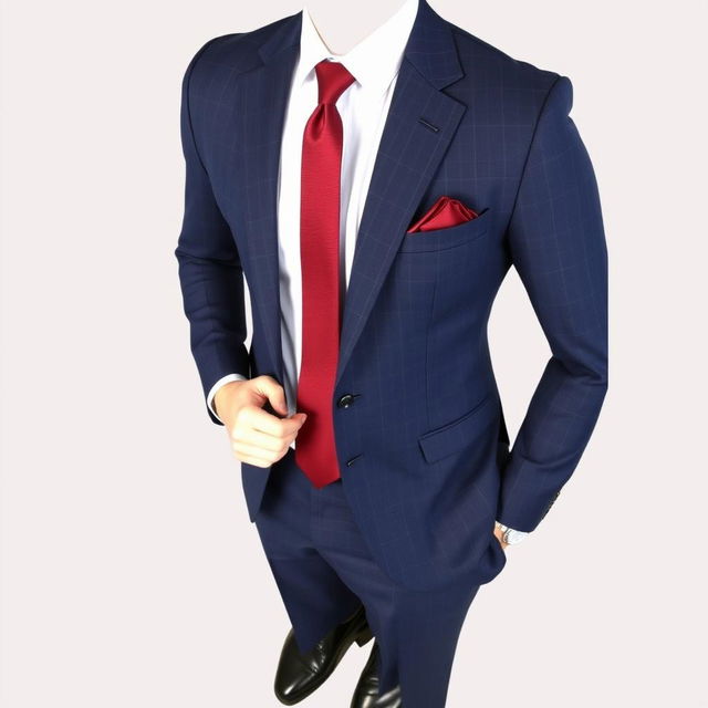 A stylish and formal outfit featuring a fitted suit, tailored in a classic navy blue fabric with a subtle checkered pattern