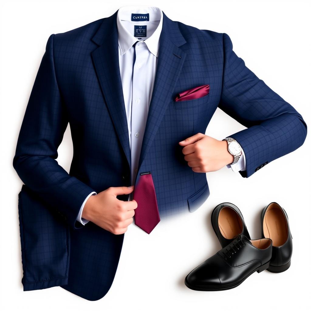 A stylish and formal outfit featuring a fitted suit, tailored in a classic navy blue fabric with a subtle checkered pattern