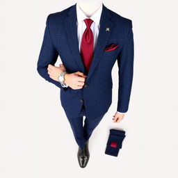 A stylish and formal outfit featuring a fitted suit, tailored in a classic navy blue fabric with a subtle checkered pattern