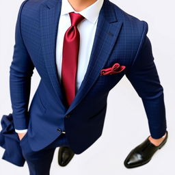 A stylish and formal outfit featuring a fitted suit, tailored in a classic navy blue fabric with a subtle checkered pattern