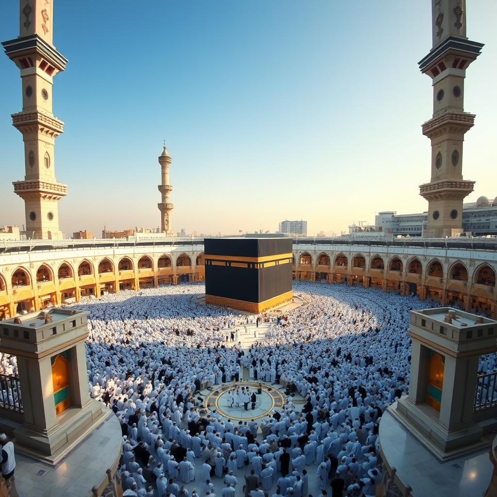 A breathtaking view of Mecca Sharif, showcasing the Kaaba in the center, surrounded by thousands of worshippers in white ihram, all engaged in prayer and devotion