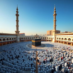 A breathtaking view of Mecca Sharif, showcasing the Kaaba in the center, surrounded by thousands of worshippers in white ihram, all engaged in prayer and devotion