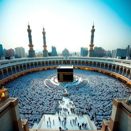 A breathtaking view of Mecca Sharif, showcasing the Kaaba in the center, surrounded by thousands of worshippers in white ihram, all engaged in prayer and devotion
