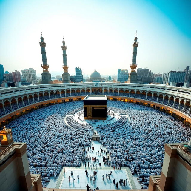 A breathtaking view of Mecca Sharif, showcasing the Kaaba in the center, surrounded by thousands of worshippers in white ihram, all engaged in prayer and devotion