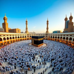 A breathtaking view of Mecca Sharif, showcasing the Kaaba in the center, surrounded by thousands of worshippers in white ihram, all engaged in prayer and devotion
