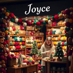 A cozy yarn shop named 'Joyce' adorned with merry Christmas decorations