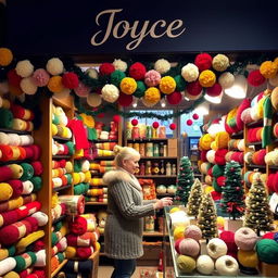 A cozy yarn shop named 'Joyce' adorned with merry Christmas decorations