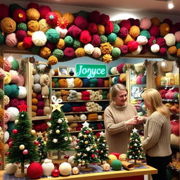 A cozy yarn shop named 'Joyce' adorned with merry Christmas decorations