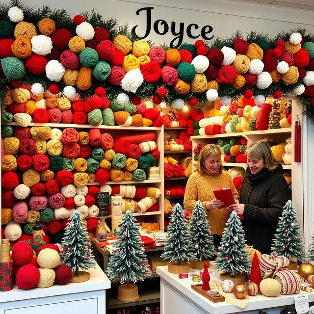 A cozy yarn shop named 'Joyce' adorned with merry Christmas decorations