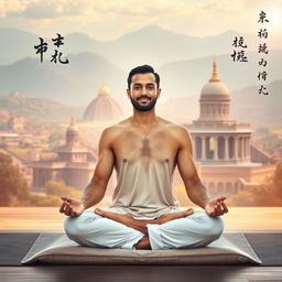 A tranquil scene depicting a man in a yoga meditation posture, seated cross-legged on a soft mat
