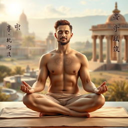 A tranquil scene depicting a man in a yoga meditation posture, seated cross-legged on a soft mat