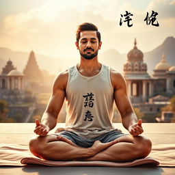 A tranquil scene depicting a man in a yoga meditation posture, seated cross-legged on a soft mat