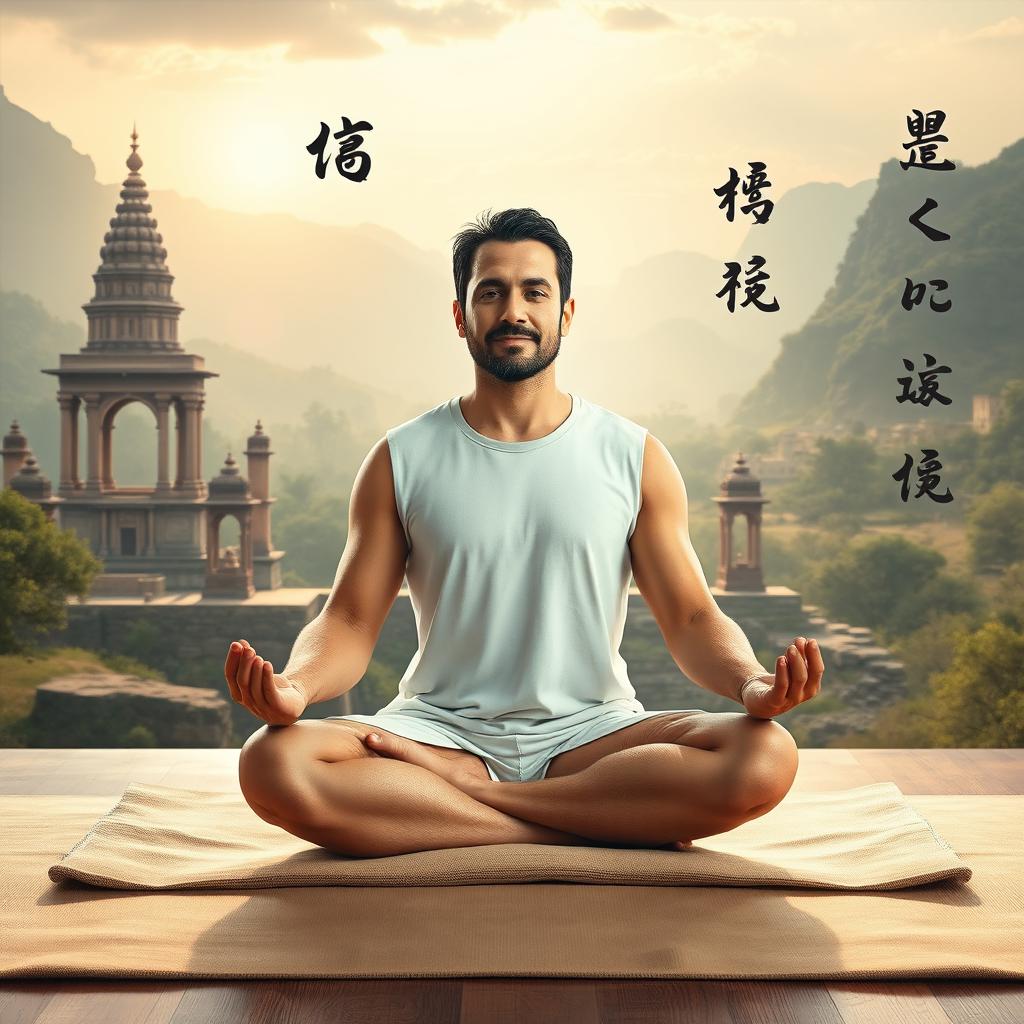 A tranquil scene depicting a man in a yoga meditation posture, seated cross-legged on a soft mat