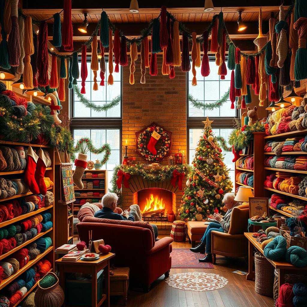 A cozy Christmas-themed yarn shop with colorful yarns hanging from the ceiling, a warm fireplace with stockings, and decorations such as twinkling lights, garlands, and a Christmas tree