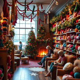 A cozy Christmas-themed yarn shop with colorful yarns hanging from the ceiling, a warm fireplace with stockings, and decorations such as twinkling lights, garlands, and a Christmas tree